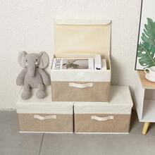 1pc Washable Linen Foldable CD Storage Box, Foldable Storage Bin With Lid, Toy Storage Basket, Laundry Basket,Bedroom Room Decor,Back To School - Khaki - View 3