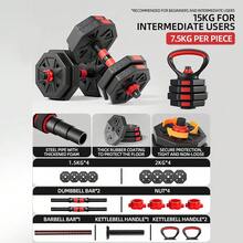 Mancuernas Octogonales Ajustables 3 en 1 15 kg con Barra y Pesa Rusa, Juego de Pesas Desmontable Antideslizante Antirrodillo para Flexiones, Ideal para Principiantes y Avanzados, Entrenamiento Completo en Casa y Residencia - 15 kilos - Ver 5
