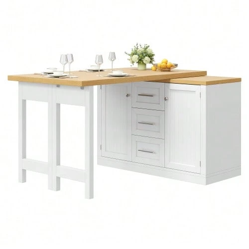 Multifunctional Kitchen Island With Extendable Tabletop, Convertible Countertop, 360° Adjustable Shelves, Snack Shelf, Magnetic Closure And Large Drawer. Modern Design, White. - White - View 1