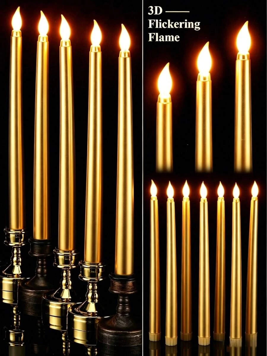 6入金色電子無焰蠟燭 LED 蠟燭，婚禮裝飾熱銷創意電子蠟燭，亮度可調、無煙，適合生日婚禮派對裝飾，營造浪漫星空氛圍，金色錐形蠟燭燈，3D 真實燭芯閃爍火焰效果，燭台燈，尖細長蠟燭，適用新年、萬聖節、感恩節、豐收節、生日、聖誕節，桌面家居裝飾、壁爐使用、婚禮裝飾、秋季