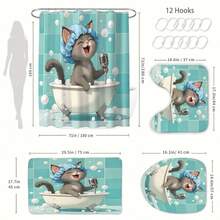1 pieza Cortina de ducha con diseño de gato de dibujos animados, tela de poliéster duradera, impermeable, sin perforación, fácil instalación, adecuada para el hogar, hotel, vacaciones, regalo para amantes de los gatos, juego de cortina de ducha para baño, incluye 12 ganchos, patrón de gato McBa cantando - Multicolor - Ver 6