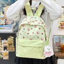 LECEY Mochila de gran capacidad con estampado de rayas y dibujos animados - Verde - Ver 4