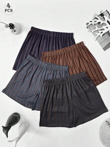 4pcs Men's Striped Print Pattern Allover Shorts, Summer Thin Breathable Casual Comfortable Home Sleep Shorts, Elastic Loose Fit, Multi-Color Combo Set - Multicolor - View 1