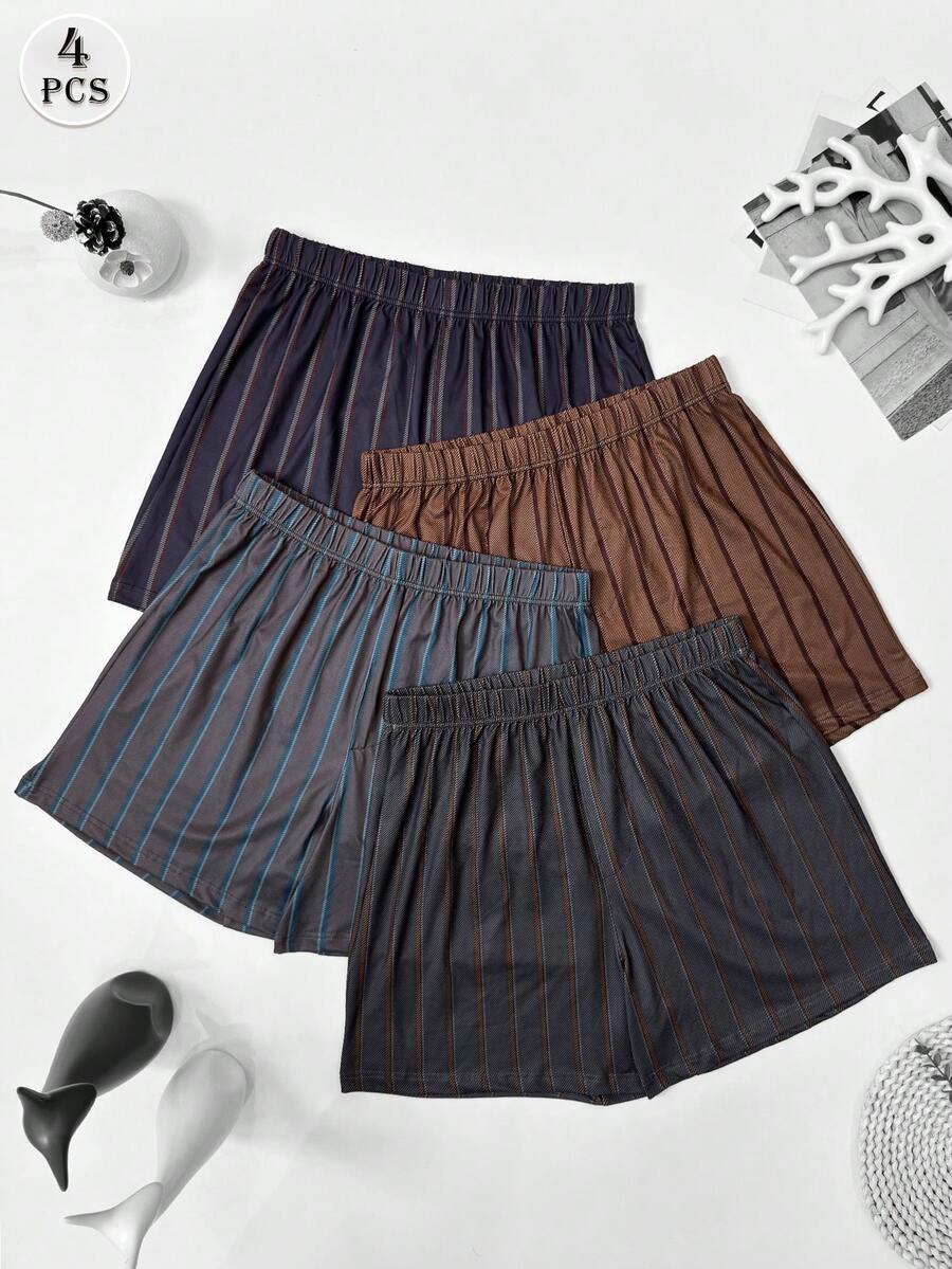 4pcs Men's Striped Print Pattern Allover Shorts, Summer Thin Breathable Casual Comfortable Home Sleep Shorts, Elastic Loose Fit, Multi-Color Combo Set - Multicolor - View 1