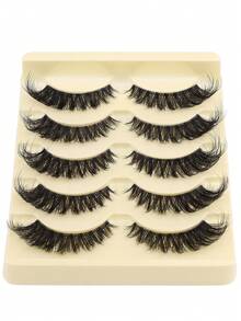 5 Pairs Cat Eye False Eyelashes, Fox Eye Eyelashes, Cartoon Style False Eyelashes, Fluffy Faux Mink Eyelashes, Soft Lightweight 3D Eyelashes, Natural Messy Strip Eyelashes, Extension Eyelashes, Cosplay Eyelashes, Daily Wear, Eyelashes, False Eyelashes - Black - View 7