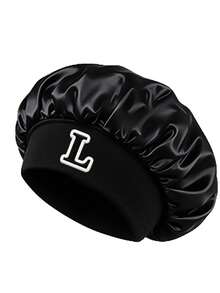 Silky Black Customized Initial Satin Sleep Cap, Elastic Wide Brim Hair Protection Cap, Soft Smooth Night Cap, Reduces Curly Hair Breakage - Black Letters - View 23