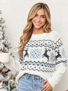 Women's Casual Deer Geometric Pattern Pullover Sweater, Long Sleeve Top, White, Autumn/Winter Fall - Multicolor - View 4