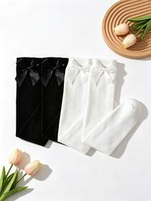 2 paires de chaussettes montantes simples et polyvalentes pour filles, combinaison noir et blanc, décor nœud, chaussettes mignonnes et douces pour le port quotidien, s'accordent avec la jupe d'uniforme scolaire, la jupe JK, chaussettes pour toutes les saisons printemps et automne. Convient pour 6-8 ans, 8-12 ans, 12-14 ans, adolescents - Multicolore - Voir 5