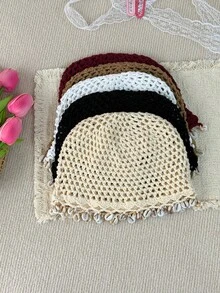 1 Peça Touca de Crochê Feita à Mão com Borla de Concha para Mulheres, Moda Primavera/Verão Fina Y2K, Touca de Crochê Tricotada com Borla, Adequada para Uso Diário, Férias, Decoração de Fotografia Boêmia - Multicolorido - Visão 5