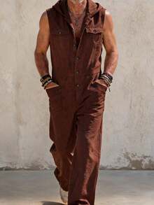 Men's Loose Summer Casual Lazy Lightweight Hooded Tank Top Multi-Pocket Jumpsuit - Brown - View 1