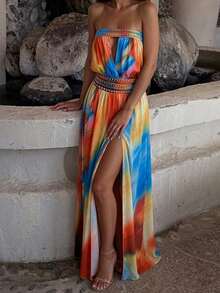 DOUCIU Strapless Hollow Gradient Print Waist-Cinching Slit Dress Island Vacation Style - Blue - View 4