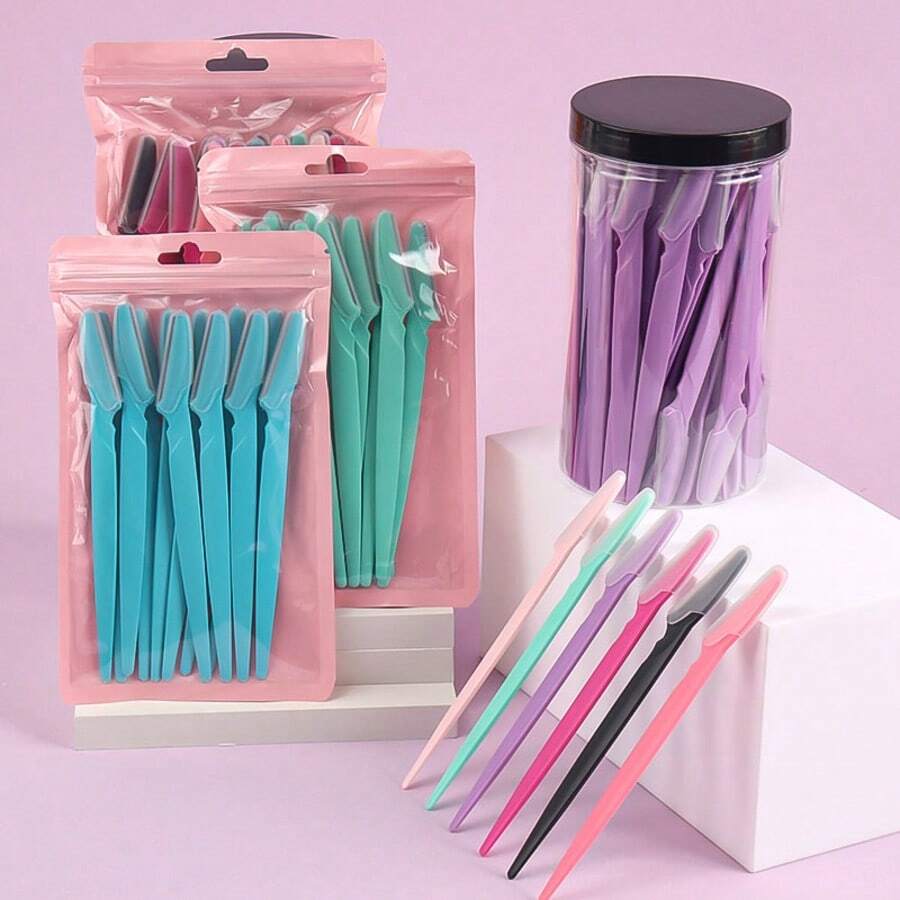 12/25/60pcs Eyebrow Grooming Set With Storage Bucket, Facial Hair Remover, Portable Makeup Tools With Safety Cap, Suitable For Eyebrow Grooming And Skincare