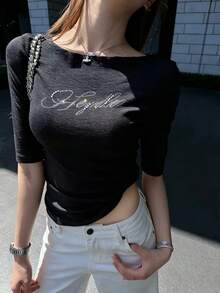 字母水鑽 T-shirt 優雅極簡風 船領修身中袖短袖休閒黑色夏季款 - 黑色 - 查看 2