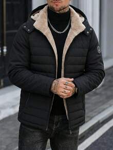 Jaket Fleece Kasual Musim Dingin Pria untuk Sehari-hari, Kerah Tegak, dan Tudung yang Dapat Dilepas - Hitam - View 2