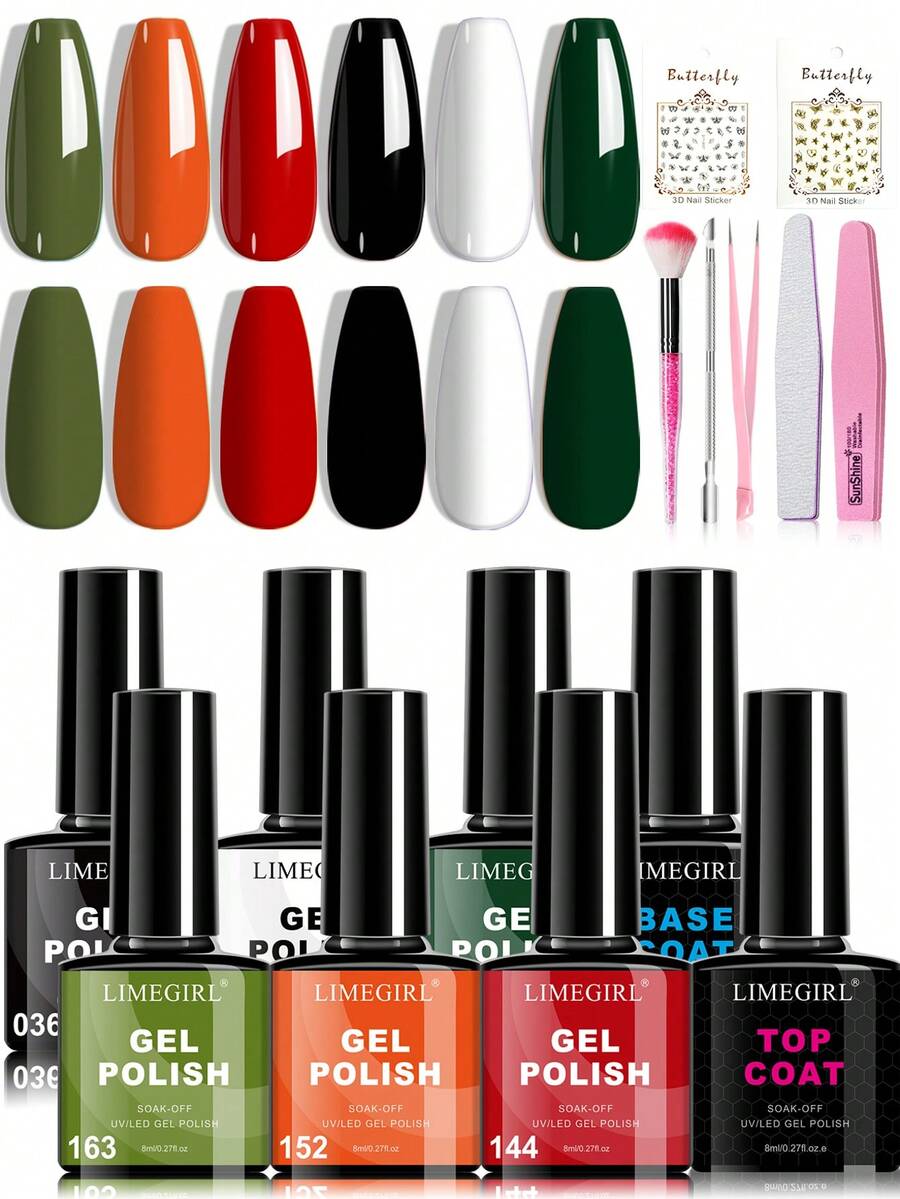 LIMEGIRL All Season Gel Nail Polish Set – 6 Colors Gel Polish With Top Base Coat Soak Off UV LED Fall Winter Manicure Gift For Women (Set C) - Multicolor - View 1