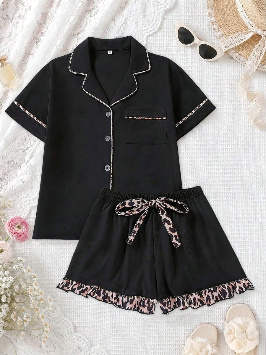 2 Pcs Women All-Over Leopard Print Contrast Color Short Sleeve Top And Shorts Pajama SetRuffle Shorts Lounge Sets Pocket Button Front Short Sleeve - 黑色 - 查看 1