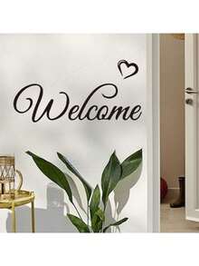 1pc Elegant Cursive Welcome Heart Wall Decal, Self-Adhesive Black Welcome Text Wall Sticker, Warm Entrance Front Door Home Wall Art Decor - Elegant Cursive Script - View 1