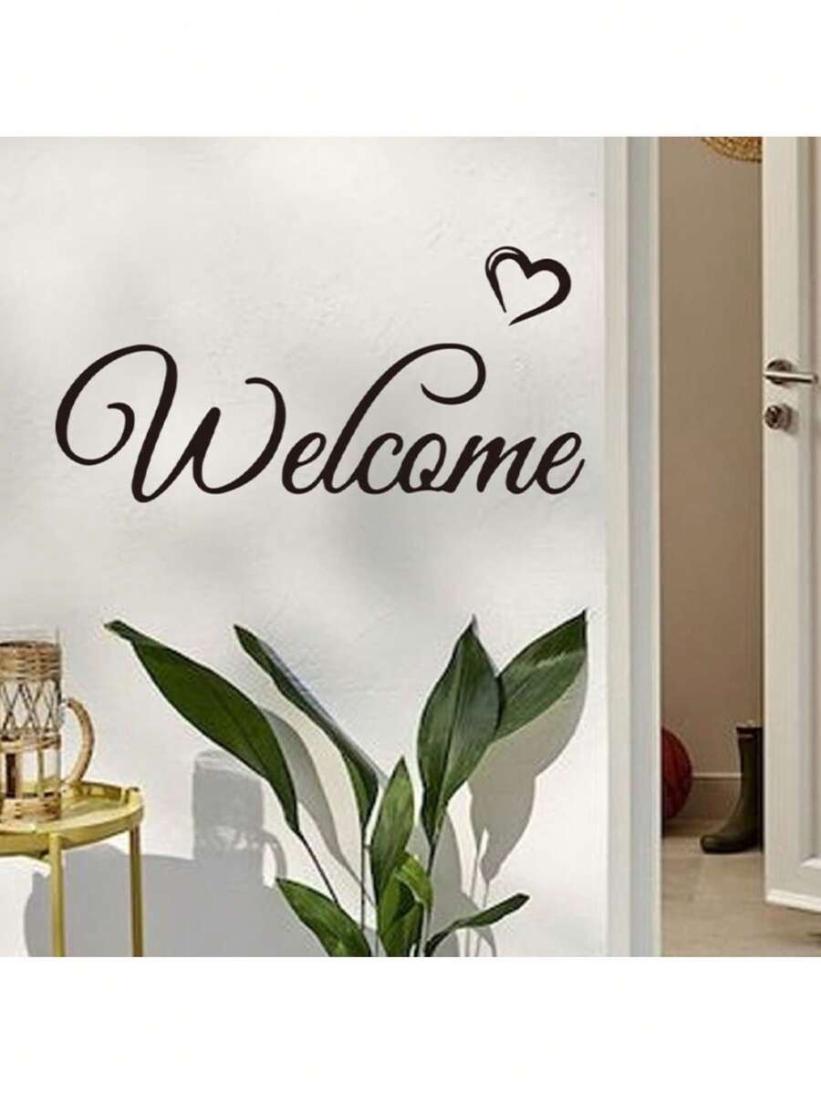 1pc Elegant Cursive Welcome Heart Wall Decal, Self-Adhesive Black Welcome Text Wall Sticker, Warm Entrance Front Door Home Wall Art Decor - Elegant Cursive Script - View 1