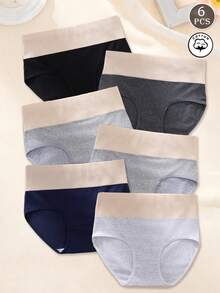 6pcs/Pack Solid Color Comfortable Minimalist Casual Knit Fabric Women's Underwear, Ribbed Contrast Color Design, Cotton Briefs, High Waist Shapewear Shorts - Multicolor - View 1