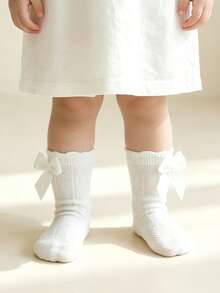 1雙女童幼兒網布蝴蝶結高筒襪，透氣不悶汗春夏嬰幼兒網布大蝴蝶結短筒襪，透氣可愛小公主1歲生日襪 - 白色 - 查看 3
