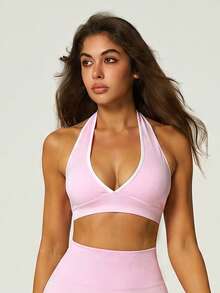 UONNOU 1pc Women's Shaping Halter Neck Bra, Sexy Deep V, Cold Shoulder, Backless, Beautiful Back Sports - Pink - View 3
