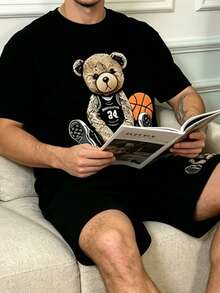 Men's Summer Solid Color Basketball Bear Print Short Sleeve & Shorts 2-Piece Pajama Set, Streetwear Cool Home Loungewear - Multicolor - View 1
