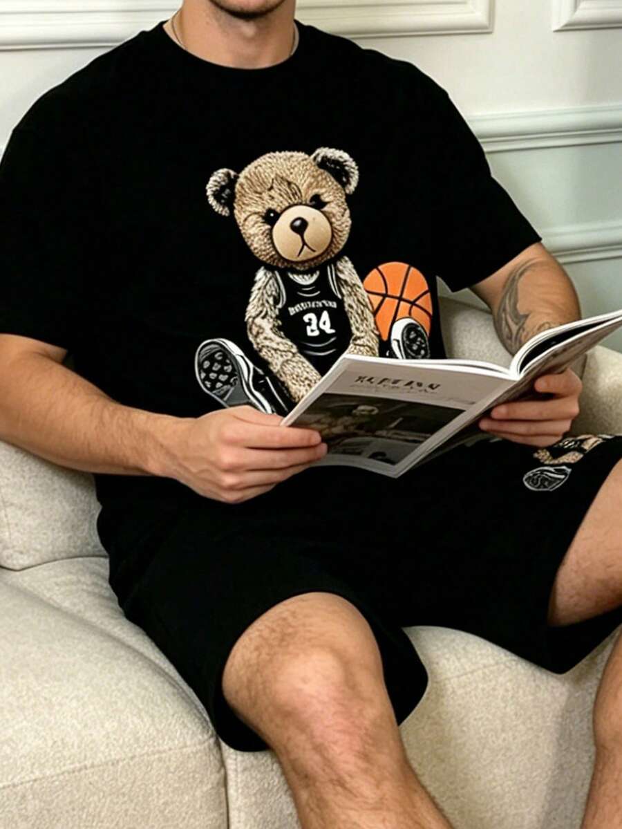 Men's Summer Solid Color Basketball Bear Print Short Sleeve & Shorts 2-Piece Pajama Set, Streetwear Cool Home Loungewear - Multicolor - View 1