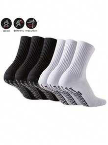6 Pairs Anti-Slip Football/Sports Socks, With Grip Dots, Thick Terry Bottom, Suitable For Running, Football, Basketball - Black and White - View 1