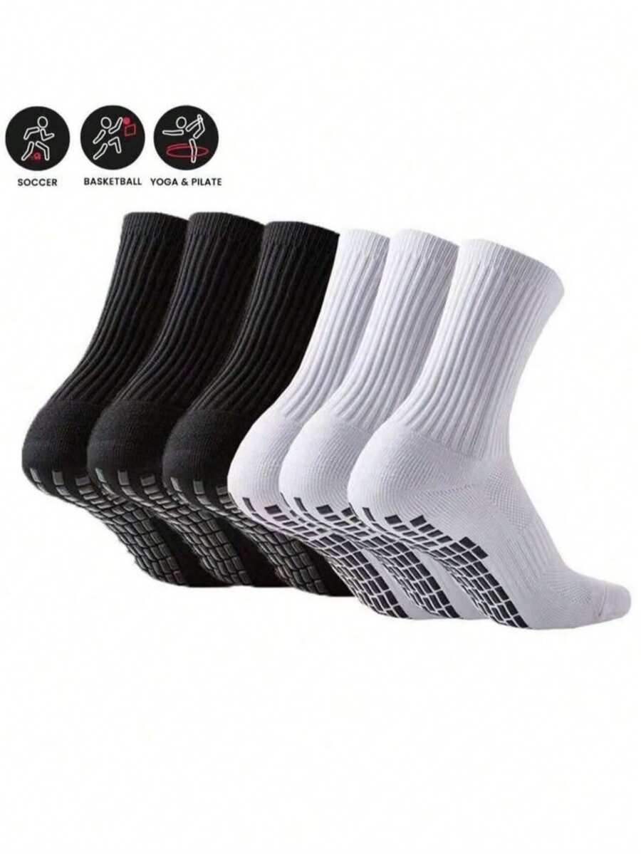 6 Pairs Anti-Slip Football/Sports Socks, With Grip Dots, Thick Terry Bottom, Suitable For Running, Football, Basketball - Black and White - View 1