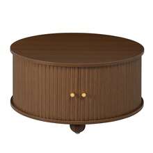 Coffee Table, Round Coffee Table, Living Room Table, Surrounding Vertical Relief Structure, Two Sliding Doors, MDF Body, Metal Handles, Spherical Metal Legs, Four Separate Storage Compartments. - Walnut Wood Color - View 6