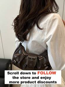1pc Women's Retro Biker Punk Style Rivet Decor Adjustable Strap Large Capacity Soft Faux Oiled Leather Ombre Color Shoulder Underarm Bag - Coffee - View 3