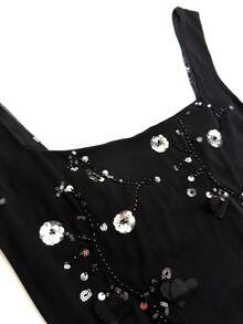 UNITHORSE Vestido de noche para mujer con cuello cuadrado, lazo en la espalda, cintura con lentejuelas y decoración floral 3D - Negro - Ver 5