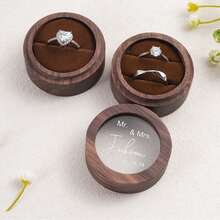 MerexSync 1pc Personalized Round Walnut Wood Ring Box With Transparent Window, Customized Laser Engraved Initials And Date, Wedding Proposal Engagement Anniversary Gift Wooden Ring Box, Wedding, Wedding Accessories, Wedding Ring Box, Souvenir, Wedding Decoration, Bride, Groom, Ring Box, Wooden Ring Box - Multicolor - View 7