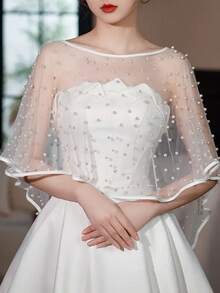 1 Stück Damen weißer Sommer Mesh Perlen Schal, Brautjungfer Braut Hochzeit Schal, Kapuzen Sonnenschutz Schal Cape, Cheongsam Schal Weste, geeignet für Hochzeit, Bankett, Aufführung, Party, Cosplay, Festival Dekoration Schal, Bühnenshow Aufführung Dekoration Schal, Halloween Dekoration Schal, trägerloses Kleid Oberbekleidung Schal, Rock Oberbekleidung Schal - Weiss - Übersicht 6