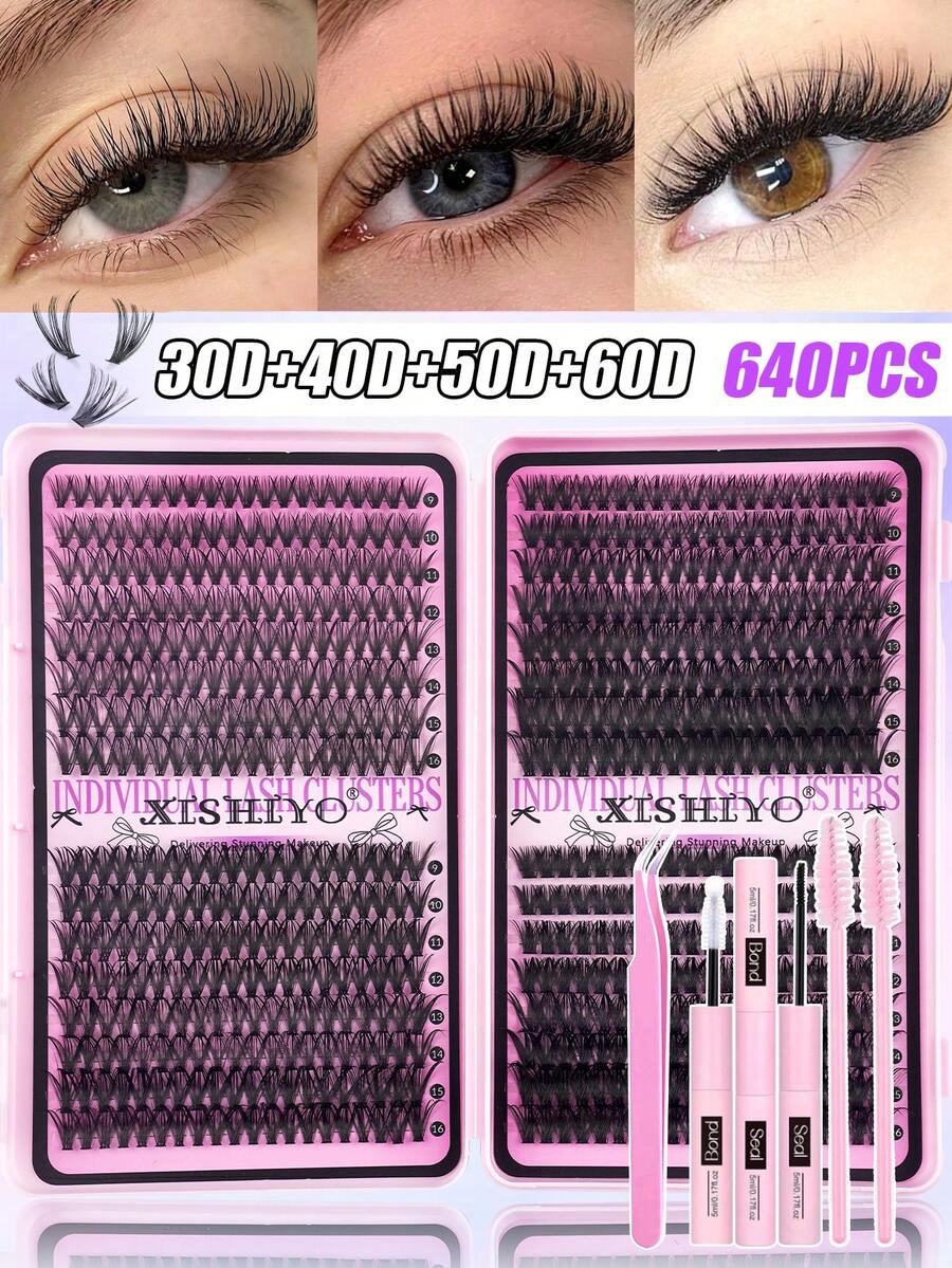 640/576 Clusters Single Cluster False Eyelashes Set, Includes Adhesive Glue, Sealing Glue, Tweezers And Eyelash Brush; Suitable For Beginners, Dense And Fluffy, Natural And Lightweight, Easy To Apply; Equipped With Large Capacity Eyelash Storage Book, Classic Cross Dynamic Style