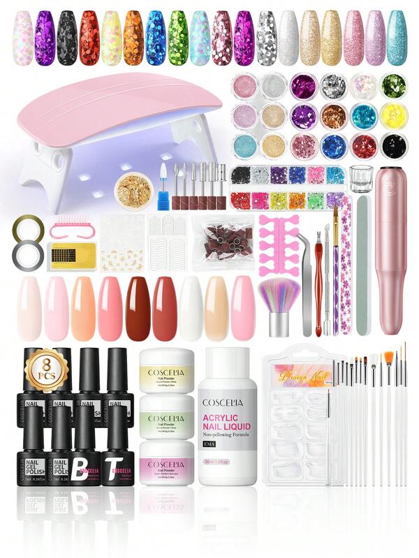 Coscelia Complete Acrylic Powder Kit With Nail Lamp And Nail Drill Pink White Nude Colors Acrylic Powders And 30ML Acrylic Liquid Gel Polishes Set Base Top Coats Manicure Tools For Beginners Summer Vacation Gift For Women