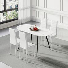 Dining Table And Chairs Set 4, Extendable Table With 4 Faux Leather Chairs For Dining Room, Kitchen, 4 Seater Room Set - Meja Marmer Putih + 4 Kursi PU Putih - View 2