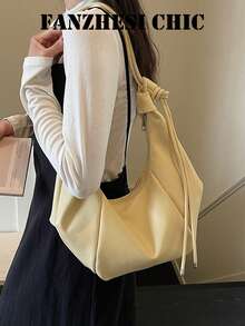 Einfarbige PU-Schultertasche, lockere asymmetrische Halbmondform, weich und elastisch, seitlich gerafftes Leder mit Kordelzug für reichhaltigen geschichteten Stil, reichlich Stauraum, geeignet für lässige Dates junger Frauen, tägliche Ausflüge von Büroangestellten, kurze Urlaubsreisen - Gelb - Übersicht 2