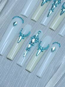 CrystalHola 10 Pcs Handmade Coffin-Shaped Nails, Y2K Style, Perfect For Summer Vacations, Graduation Season, The World Cup, And Independence Day. White & Blue With Rhinestones And French Tip Nails. Fits Parties, Weddings, And Wear Daily.A Great Gift For Girls Handmade Press On Nails - Multicolor - View 4