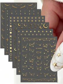 6Pcs Y2K Metallic Golden Silvery Star Nail Art Stickers 3D Starry Moon French Line Nail Decals Cyberpunk Gothic DIY Manicure Decoration Sticker - 彩色 - 查看 2