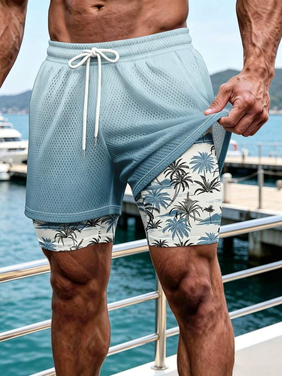 Men's Summer Double Layer Beach Shorts With Coconut Tree Print, Seaside Vacation Shorts - Multicolor - View 1