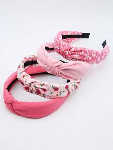 4pcs/Set Bando Lebar Kain Motif Bunga Pink Warna Polos, Hadiah Hari Wanita, Aksesori Rambut Manis, Cocok untuk Penggunaan Sehari-hari, Liburan, dan Pesta - Berwarna merah muda - View 3