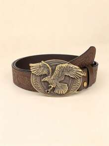 1pc Valentine's Day, Carnival, Father's Day, Teacher's Day, Christmas, Birthday Gift, New Western Style Eagle Buckle, Scroll Pattern Brown PU Belt - Multicolor - View 5