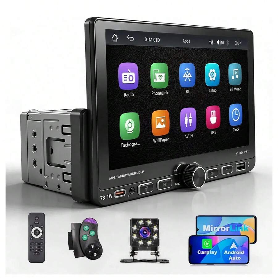 Auto estéreo 1 Din Auto Estéreo De Pantalla 7 Pulgadas Android Auto Carplay Mirrorlink Esterio Carro Stereo Con Cámara Inversa Bluetooth USB - 7311W - Ver 1