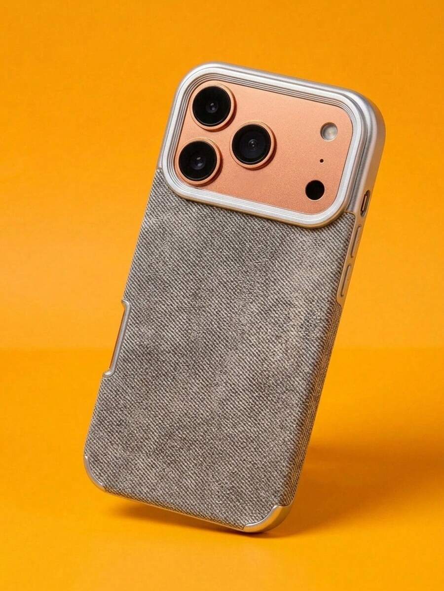 ShellaStory Alloy Leather Luxury Splicing  Metal Denim Texture Luxury Alloy Leather Splicing Fashion Denim Soft Leather 1pc Phone Case Compatible With IPhone 17 Air 16 15 14 Plus 13 12 11 Pro Max Shock-Resistant Frame Fabric Brand Protective Cover Gift Birthday Anniversary