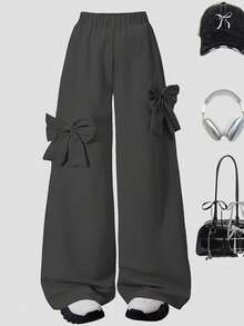 Lurzo Tween Girls' Casual Minimalist Bow Decor Wide Leg Pants, Suitable For Outdoor, Party, School And Daily Wear In Spring And Autumn - Dark Grey - View 2