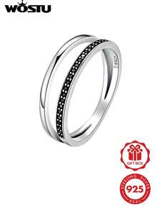 WOSTU 1枚925纯银双圈黑色透明立方氧化锆可叠戴戒指，优雅银饰礼品，时尚百搭，女士必备 - 銀色 - 查看 1