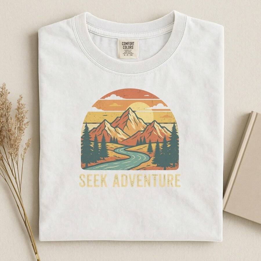 Seek Adventure T-Shirt, Vintage Mountain River Tee, Retro Nature Graphic Shirt, Outdoor Hiking Explorer Top, Sunset Forest Travel Tee - White - View 1