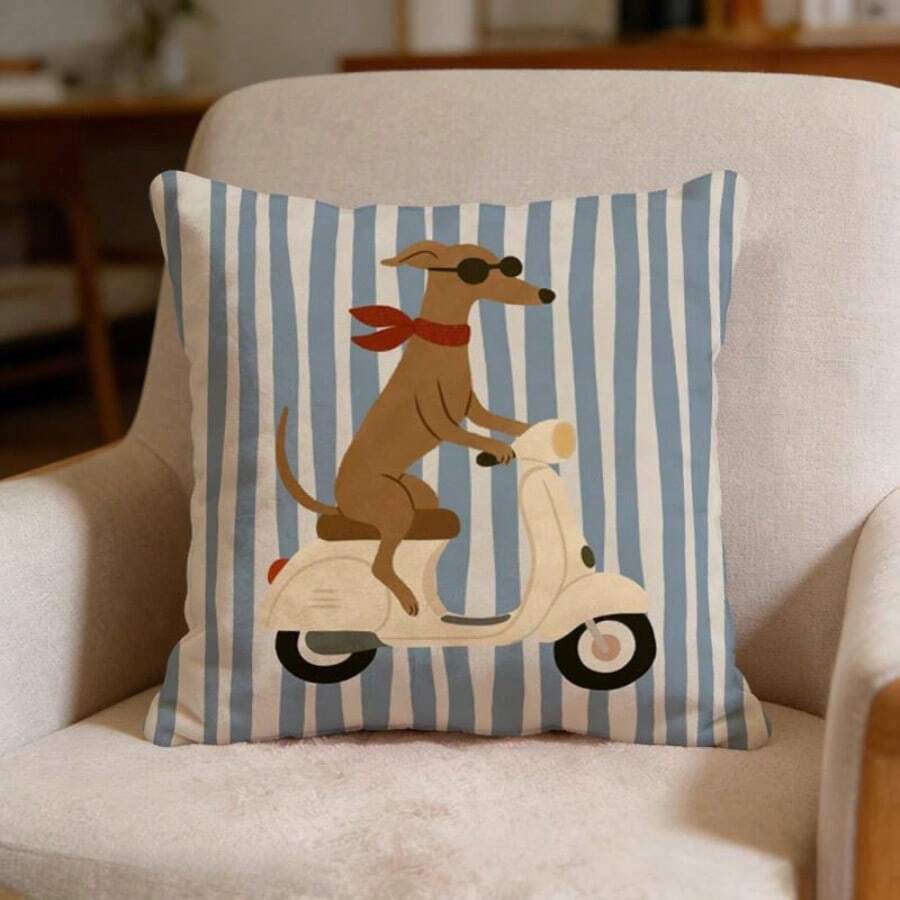 1 pièce Taie d'oreiller imprimée à rayures verticales bleues et blanches mignonnes, motif de teckel à moto, lavable en machine avec fermeture éclair, convient pour la décoration intérieure et extérieure de la maison, taie d'oreiller décorative, décoration de chambre, tissu durable, oreiller décoratif, pour les passionnés de maison chaleureuse, taie d'oreiller imprimée double face, taie d'oreiller décorative polyvalente, impression plate 2D (insert d'oreiller non inclus) - Multicolore - Voir 1