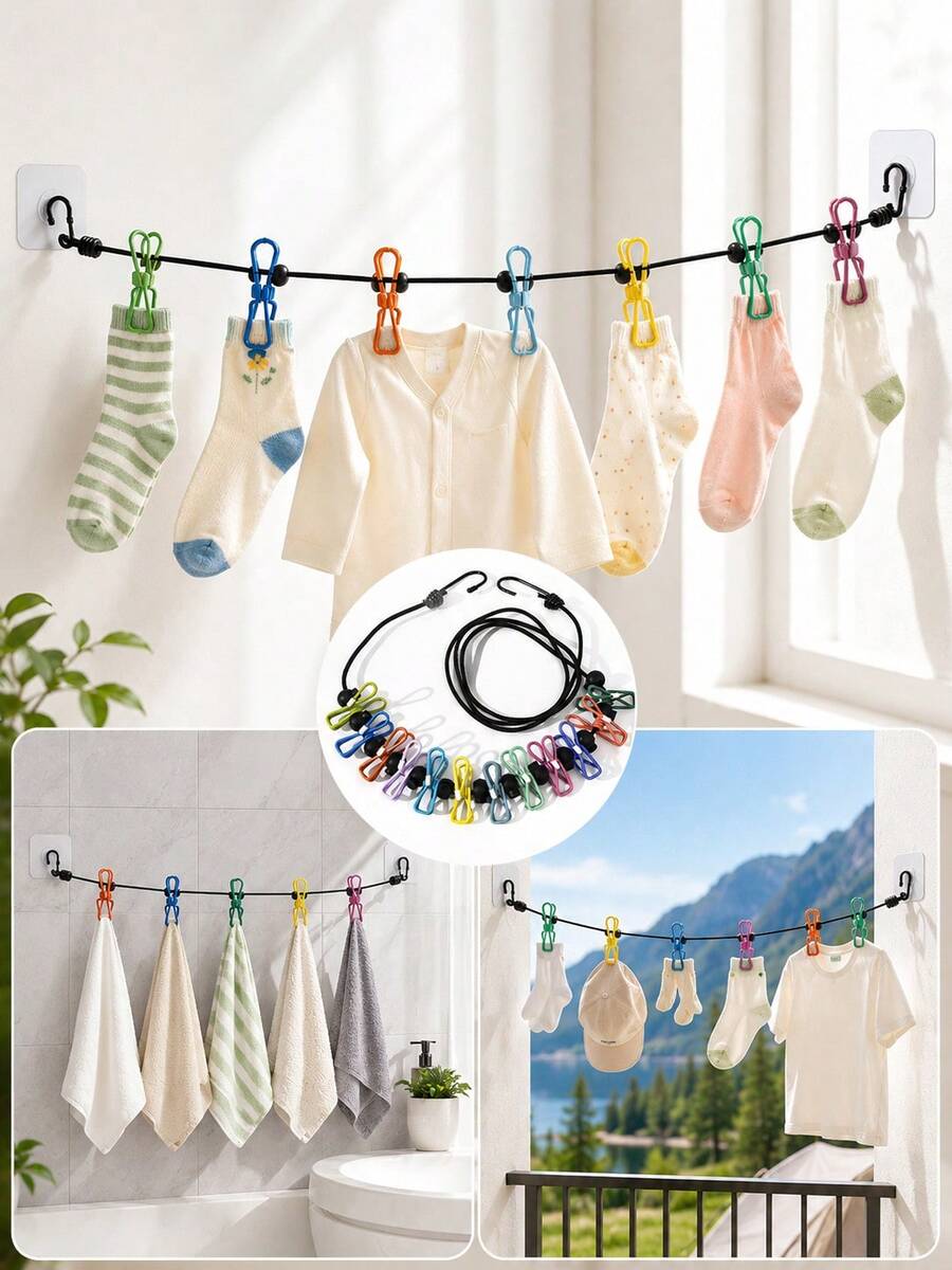 Retractable Portable Clothesline Set With 12 Clips, Adjustable Clothesline For Indoor And Outdoor Use, Camping And Travel Clothesline, Space-Saving Drying System For Bathroom, Balcony And Dorm, Back To School, New Year Gift